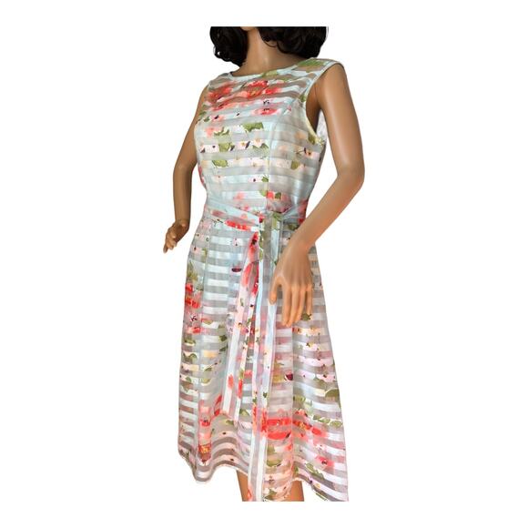 NWT Floral Striped Sheer sleeveless mint coral Sandra Darren dress size 8 - Picture 5 of 16